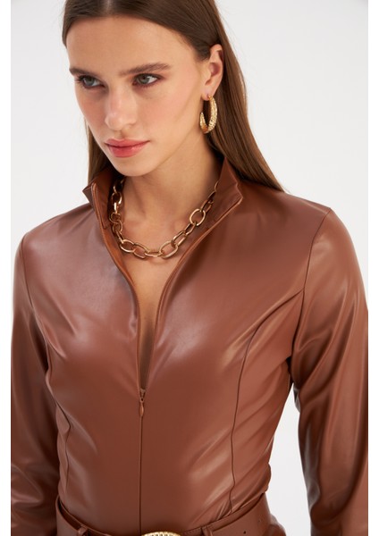 Fermuarlı Deri Bodysuit - Kahve indirimleri