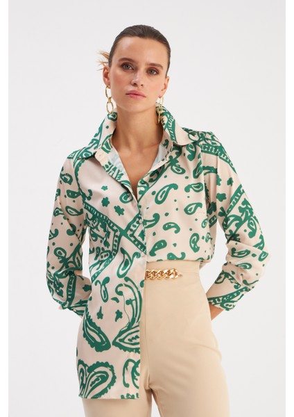 Desenli Salaş Saten Gömlek - Yeşil