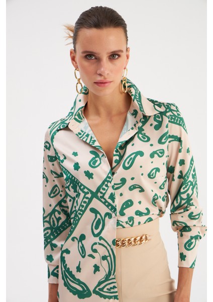 Desenli Salaş Saten Gömlek - Yeşil fiyatları