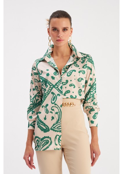 Desenli Salaş Saten Gömlek - Yeşil modelleri