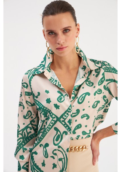 Desenli Salaş Saten Gömlek - Yeşil fırsatları