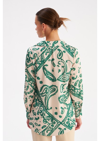 Desenli Salaş Saten Gömlek - Yeşil indirimleri