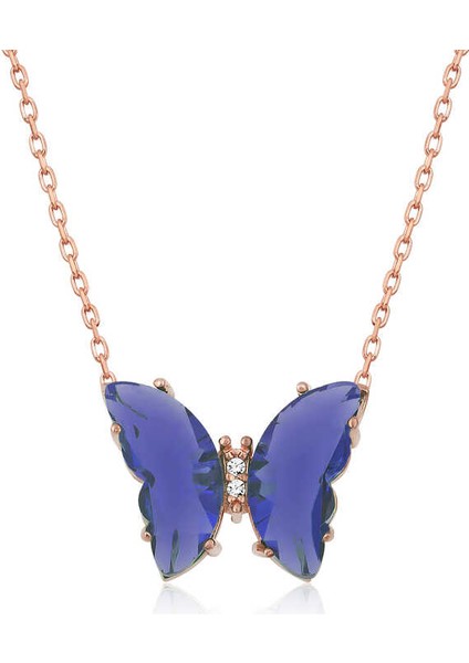 925 Ayar Gümüş Mavi Cam Kelebek Kadın Gümüş Kolye