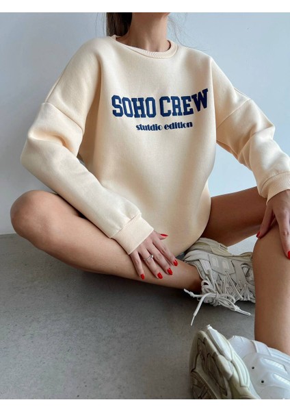 Kadın Baskılı Şardonlu Krem Sweatshirt