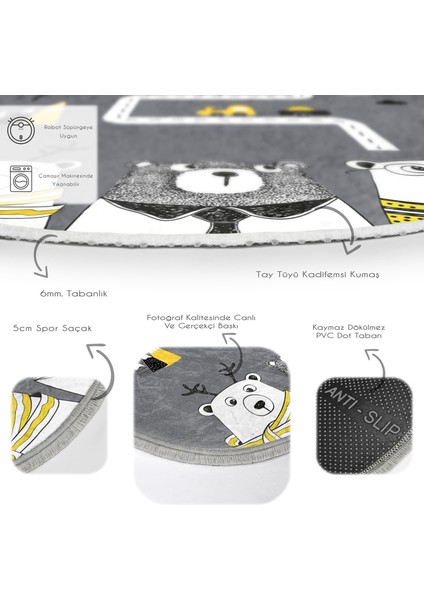 Sevimli Ayılar Siyah Beyaz Eğitici Yol Tasarımlı Çocuk & Genç Odası Makinede Yıkanabilir Kaymaz Tabanlı Püsküllü Yuvarlak Çocuk Oyun Halısı