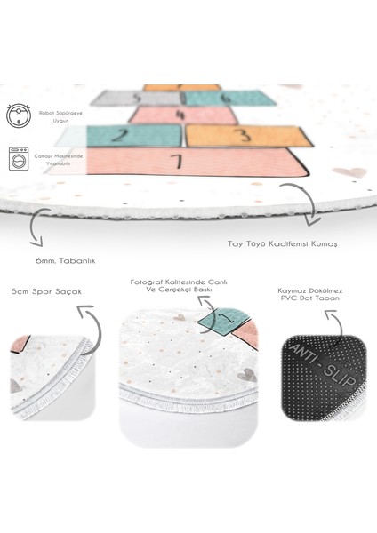 Renkli Seksek Temalı Eğitici Oyun Çizimli Çocuk & Genç Odası Makinede Yıkanabilir Kaymaz Tabanlı Püsküllü Yuvarlak Çocuk Oyun Halısı