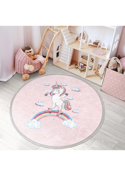 Pembe Zeminde Unicorn At Desenli Çocuk & Genç Odası Makinede Yıkanabilir Kaymaz Tabanlı Püsküllü Yuvarlak Çocuk Halısı