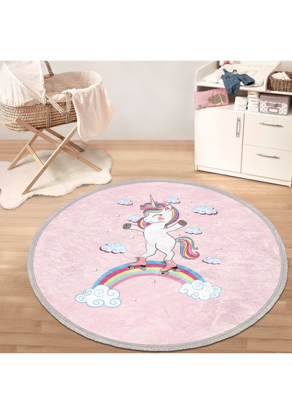 Pembe Zeminde Unicorn At Desenli Çocuk & Genç Odası Makinede Yıkanabilir Kaymaz Tabanlı Püsküllü Yuvarlak Çocuk Halısı
