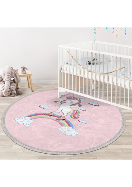 Pembe Zeminde Unicorn At Desenli Çocuk & Genç Odası Makinede Yıkanabilir Kaymaz Tabanlı Püsküllü Yuvarlak Çocuk Halısı
