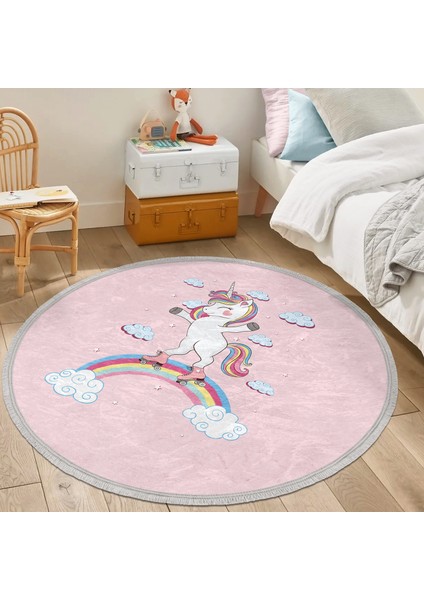 Pembe Zeminde Unicorn At Desenli Çocuk & Genç Odası Makinede Yıkanabilir Kaymaz Tabanlı Püsküllü Yuvarlak Çocuk Halısı