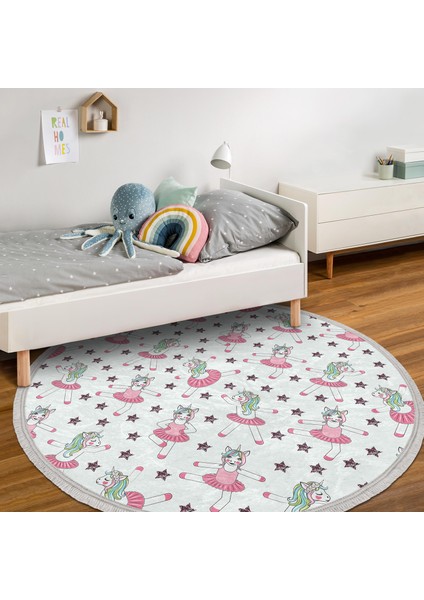 Dans Eden Unicorn Çizimli Çocuk & Genç Odası Makinede Yıkanabilir Kaymaz Tabanlı Püsküllü Yuvarlak Çocuk Halısı