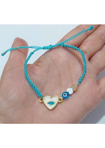 Nazar Boncuklu Mat Beyaz ve Altın Rengi Hematit Kalpli Beyaz Mineli Kalp Bileklik