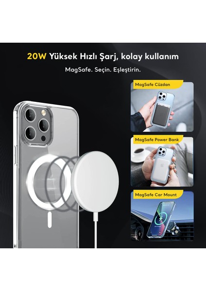 iphone 13 Magsafe Kablosuz Şarj Uyumlu Köşe Korumalı Şeffaf Kılıf + Kamera Koruyucu + Ekran Koruyucu 3'lü Tam Koruma Paket