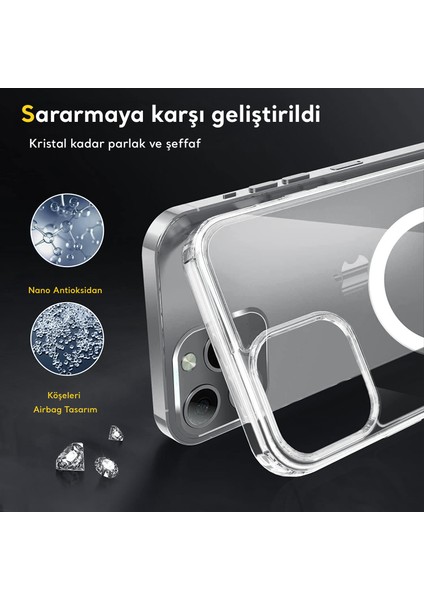 iphone 13 Magsafe Kablosuz Şarj Uyumlu Köşe Korumalı Şeffaf Kılıf + Kamera Koruyucu + Ekran Koruyucu 3'lü Tam Koruma Paket