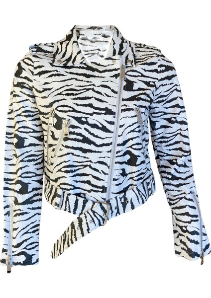 Suni Deri Zebra Desenli Beli Kemerli Biker Ceket