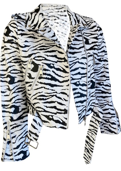 Suni Deri Zebra Desenli Beli Kemerli Biker Ceket fiyatları