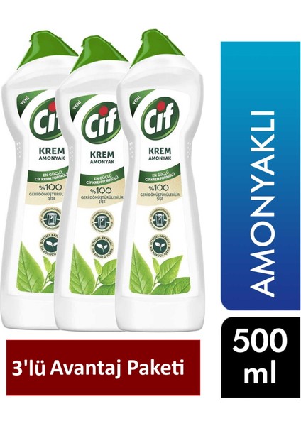 Hgüneyli Cif Krem Temizleyici 500 ml Amonyaklı (3'lü Avantaj Paketi)