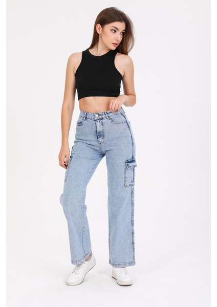 Buz Mavi Kargo Cepli Likralı Bol Paça Kot Pantolon Wide Leg Jean