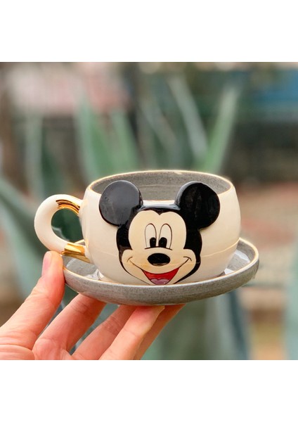 Mickey Mouse Çay Fincanı Gri Seramik El Yapımı