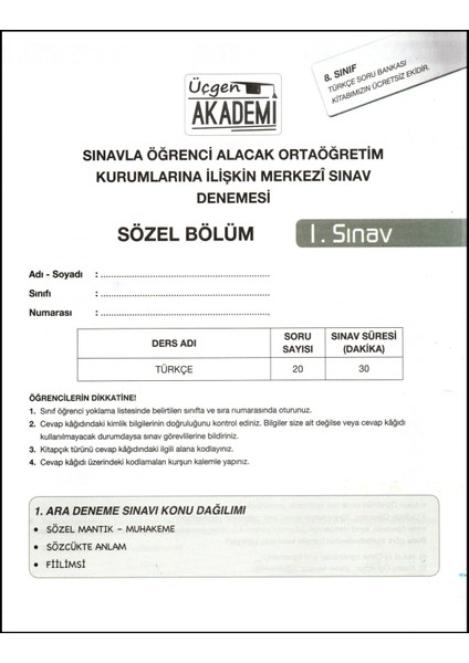 Üçgen Akademi 8. Sınıf Türkçe Yeni Seri Soru Bankası (Ciltli)