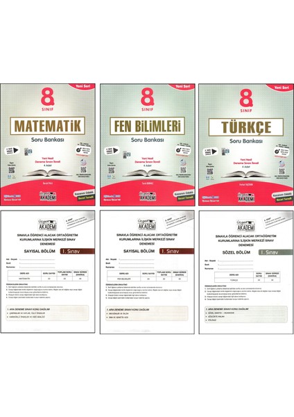 Üçgen Akademi 8. Sınıf Matematik+Fen+Türkçe Yeni Seri Soru Bankası 3 Kitap (Ciltli)