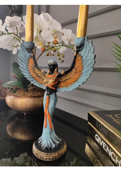 Mavi Gold Detaylı Isis Şamdan, Isis Mumluk, Dekoratif Biblo,