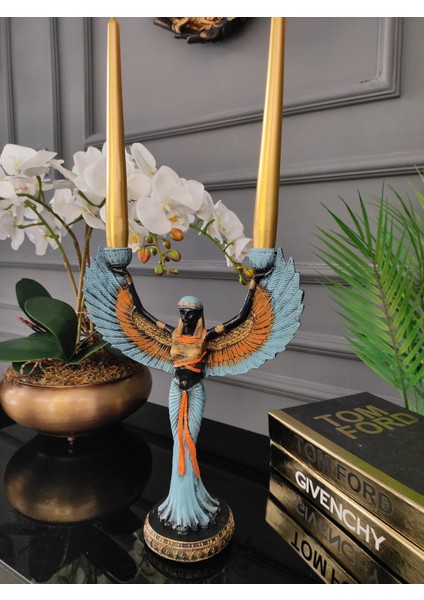 Mavi Gold Detaylı Isis Şamdan, Isis Mumluk, Dekoratif Biblo, fiyatları