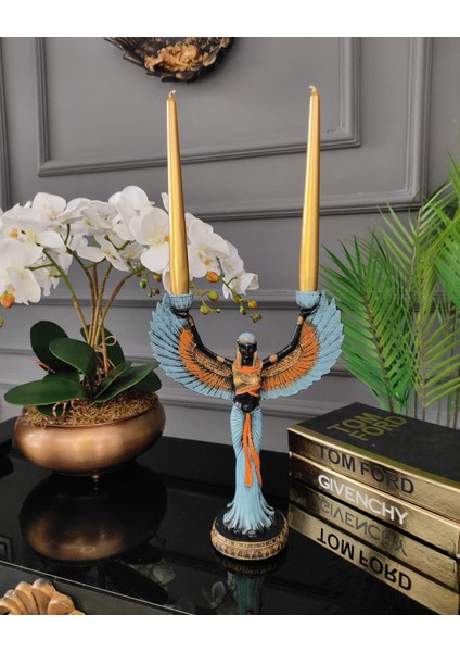 Mavi Gold Detaylı Isis Şamdan, Isis Mumluk, Dekoratif Biblo, indirimleri