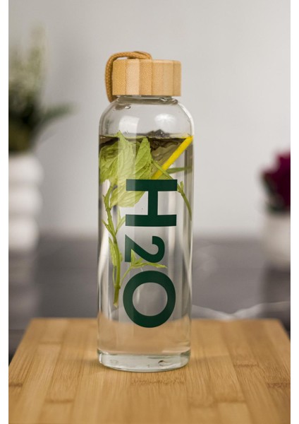 H2O Borosilikat Cam Matara Bambu Vakum Kapaklı Su Şişesi Suluk Kumaş Kılıf Hediyeli 600 ml