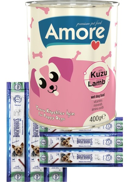 Puppy Chunks Kuzu Parça Etli Yavru Köpek Konserve Mama 1li + Sticks ödül çubuğu 2x3 Adet