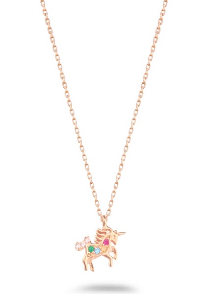 925 Ayar Gümüş Taşlı Unicorn Kolye ( Rose )