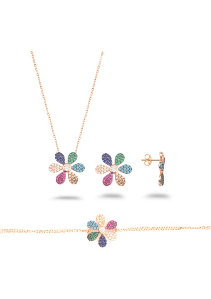 925 Ayar Gümüş Mix Taşlı Papatya Kolye Küpe Bileklik Set fiyatları