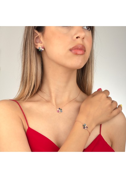 925 Ayar Gümüş Mix Taşlı Papatya Kolye Küpe Bileklik Set modelleri