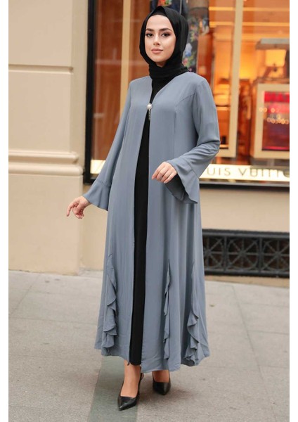 - Fırfır Detaylı Gri Tesettür Abaya 1535GR