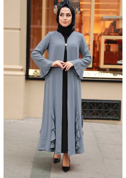 - Fırfır Detaylı Gri Tesettür Abaya 1535GR