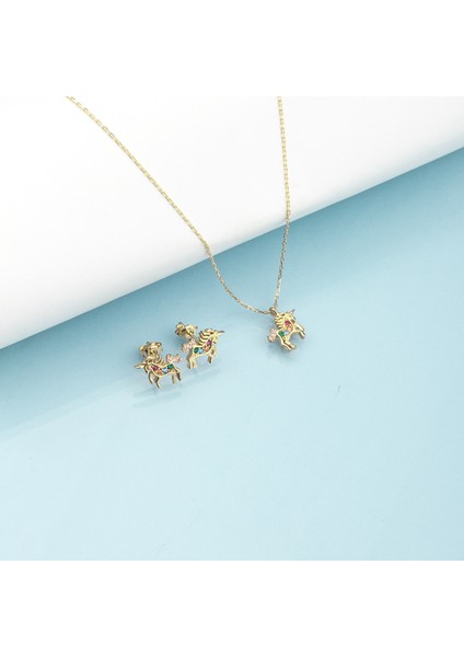 925 Ayar Gümüş Taşlı Unicorn Kolye Küpe Set ( Altın )