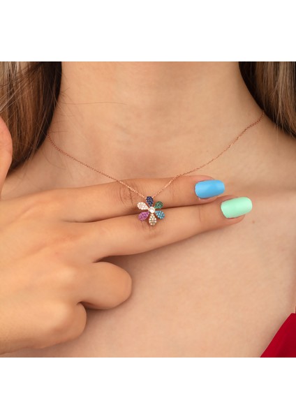 925 Ayar Gümüş Mix Taşlı Papatya Kolye modelleri