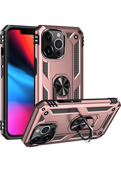 Apple iPhone 13 Pro Max Kılıf Yüzüklü Standlı Tank Zırh Silikon Rose Gold