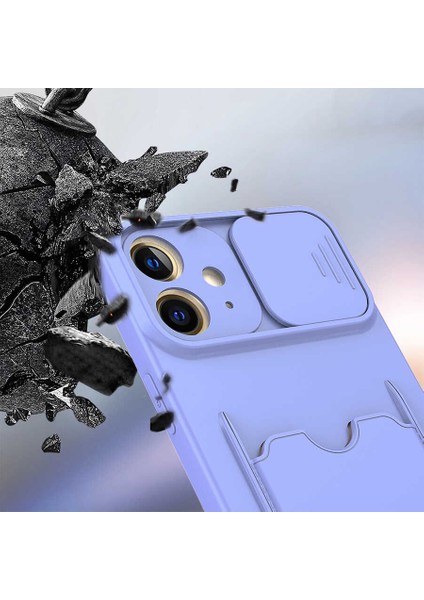 Apple iPhone 12 Kılıf ​sürgülü Kamera Korumalı Kartlık Bölmeli Silikon Kapak