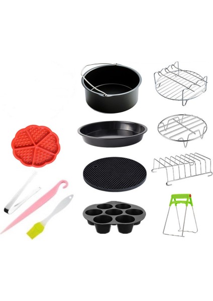 12 Parça 8 Inç (20cm) Yui / Xiaomi / Philips / Kumtel Uyumlu Air Fryer Aksesuarları Set - Siyah (Yurt Dışından)