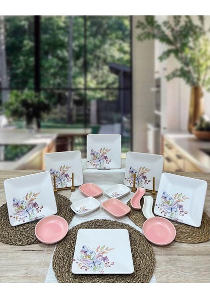 6 Kişilik Kare Kahvaltı Takımı Bahar Serisi 14 Parça