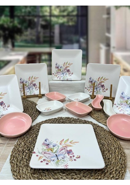 6 Kişilik Kare Kahvaltı Takımı Bahar Serisi 14 Parça modelleri