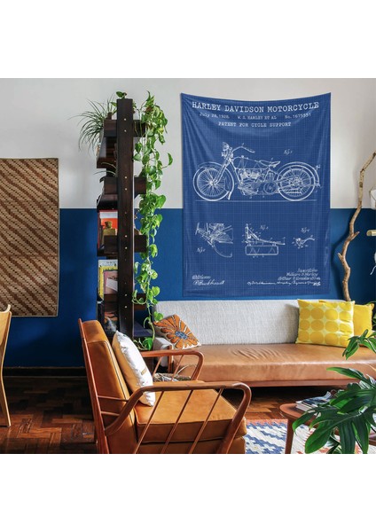 Harley Davidson Model 28B Blueprint Tapestry - Motorsikletli Mavi Duvar Örtüsü Oda Dekorasyonu