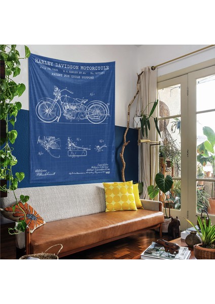 Harley Davidson Model 28B Blueprint Tapestry - Motorsikletli Mavi Duvar Örtüsü Oda Dekorasyonu