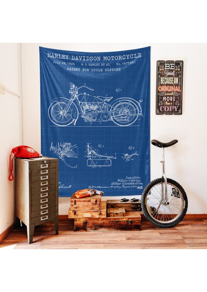 Harley Davidson Model 28B Blueprint Tapestry - Motorsikletli Mavi Duvar Örtüsü Oda Dekorasyonu