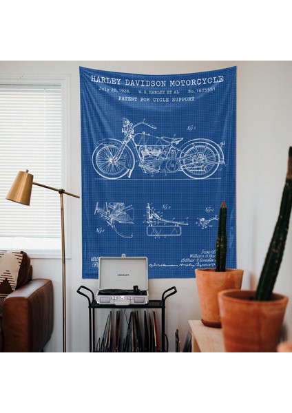 Harley Davidson Model 28B Blueprint Tapestry - Motorsikletli Mavi Duvar Örtüsü Oda Dekorasyonu