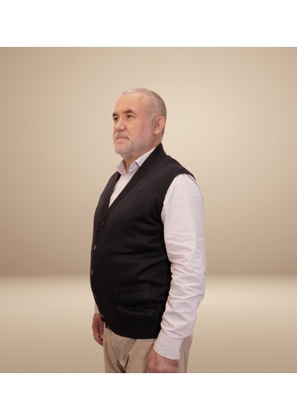 Erkek Lacivert Baba Yeleği Önden Zarif Düğmeli ve Klasik Çift Cepli Rahat Kesim Ince Yün Triko