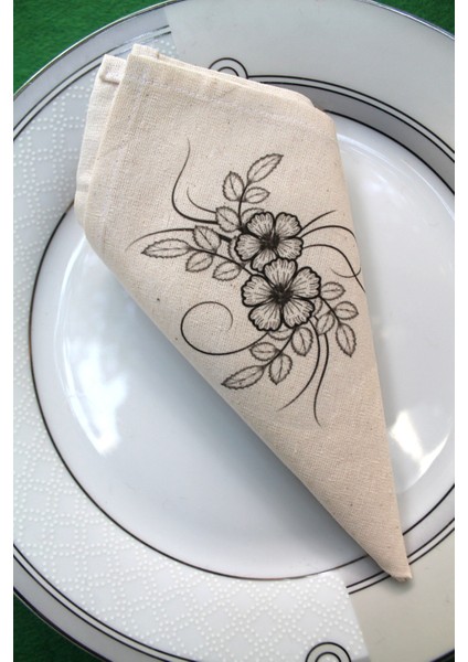 6 Adet Sarmaşık Desenli Doğal Keten Servis Sunum Peçetesi