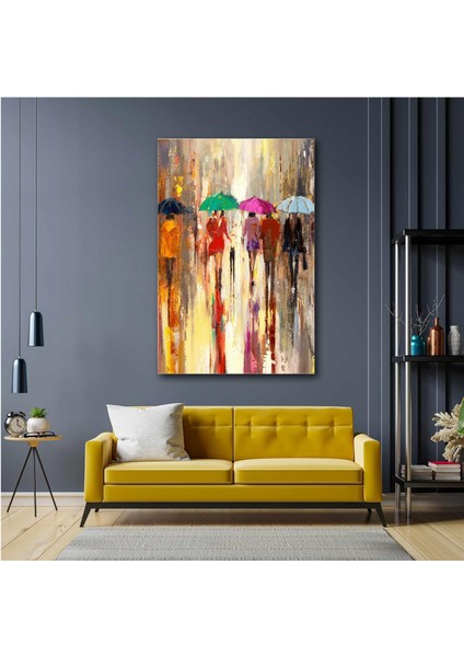 Yağlı Boya Efektli Sokakta Yürüren Şemsiyeli İnsanlar Yağmur Kanvas Tablo