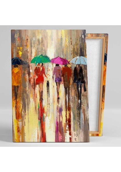 Yağlı Boya Efektli Sokakta Yürüren Şemsiyeli İnsanlar Yağmur Kanvas Tablo fiyatları